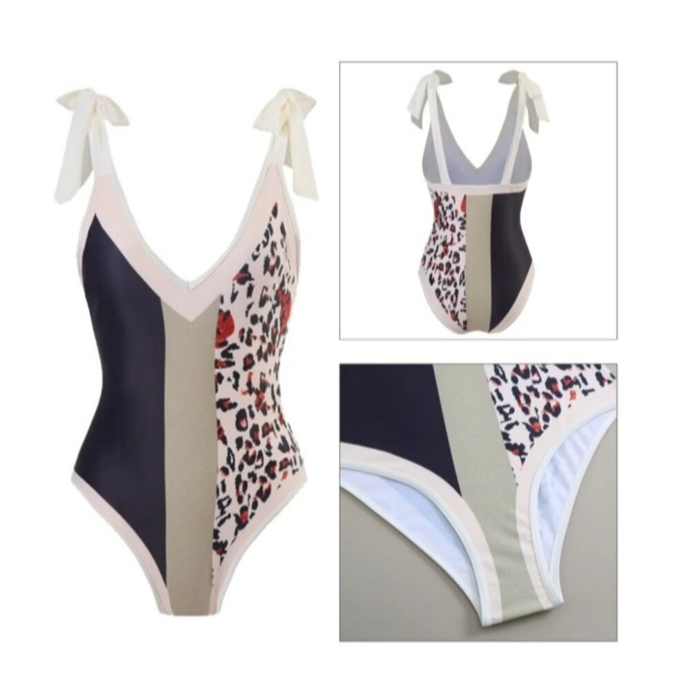 Swimsuit Womens Sz M Green Tan Animal Print  One Piece Tie at Shoulder Bows - Picture 11 of 11